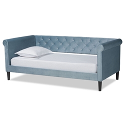 Baxton Studio Cora Modern and Contemporary Light Blue Velvet Fabric Upholstered and Dark Brown Finished Wood Twin Size Daybed